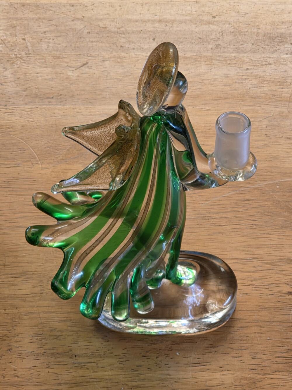 Vintage Italian Murano Green Blown Art Glass Gold Flecks Angel Candle Holder